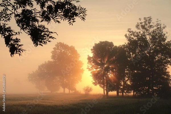 Fototapeta Silhouette of ash trees in a grain field during sunrise.