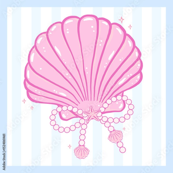Obraz Coquette pink Seashell with pearl bow pastel hand drawn doodle Summer aesthetic for cute girly printable wall art and summer card design