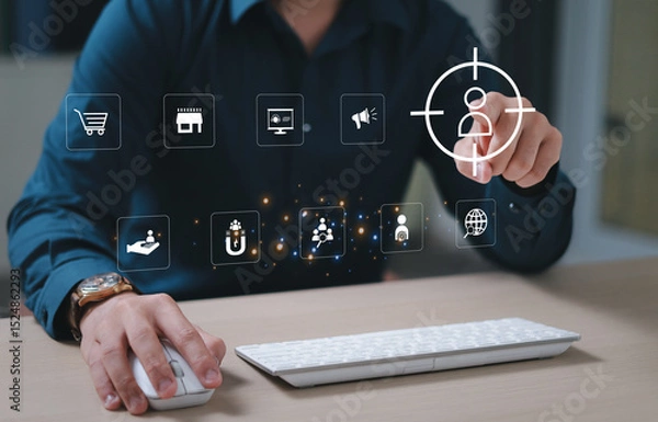Fototapeta Digital Marketing Strategy Concept, Target Customers, Customer Analytics, Customized Marketing, Customer Focused Strategy, Businessman Touching Screen to Target Customers