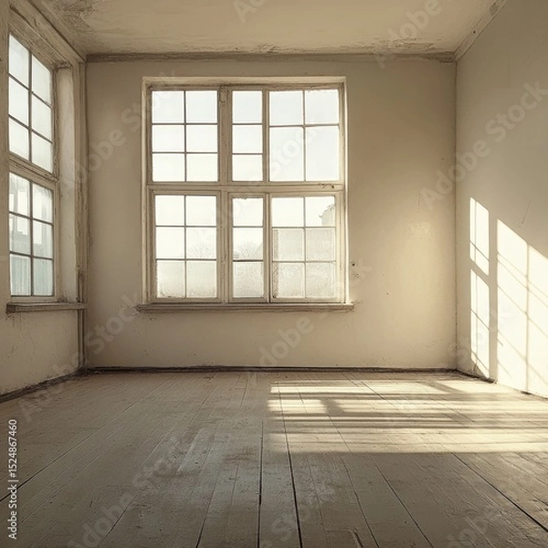 Fototapeta Sunlit empty room with aged walls, wooden floor, and large windows