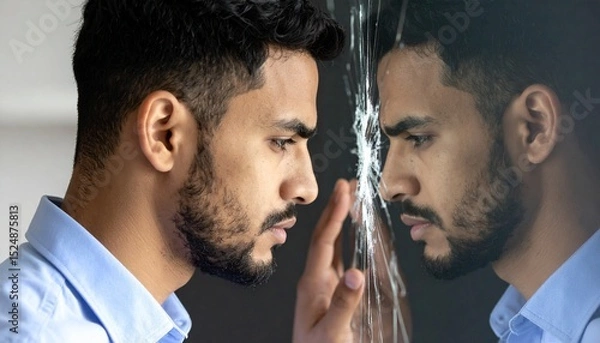 Obraz Man Facing Cracked Reflection, Identity Crisis Concept