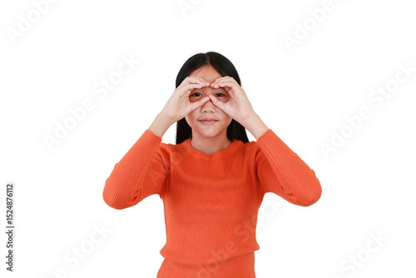 Obraz Portrait Asian young girl looking through hands imaginary binocular isolated on white. Image half length, Advertising concept.