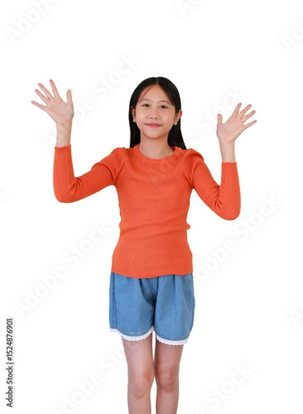 Obraz Portrait smiling Asian girl child age 10-11 years old showing palm hands hello or waving isolated on white background.