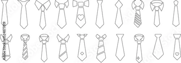 Obraz Vector tie icon set line art features 20 unique necktie designs, perfect for office, fashion, and business themes. Includes various tie patterns, bows, and necktie styles for creative use