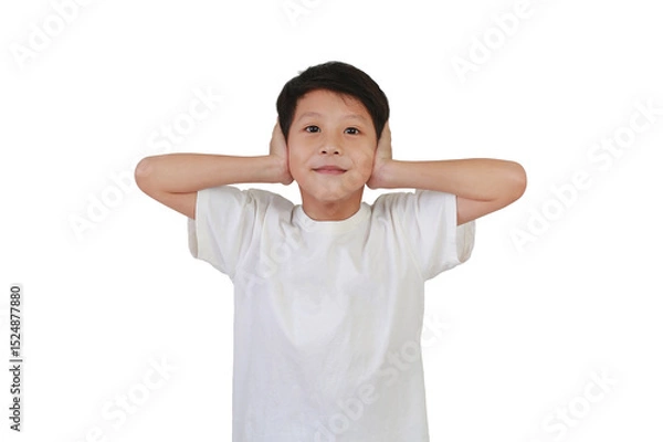 Obraz Asian little boy blocking loud with hands covering ears isolated on white studio background.