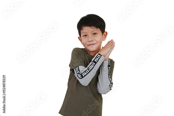 Obraz Portrait of cheerful Asian little boy showing sleep gesture isolated on white background.