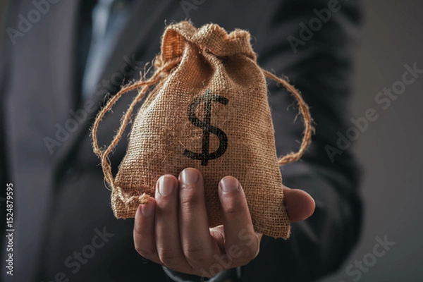 Fototapeta A man in a suit holds a burlap bag with a dollar sign, symbolizing money, finance, or wealth.