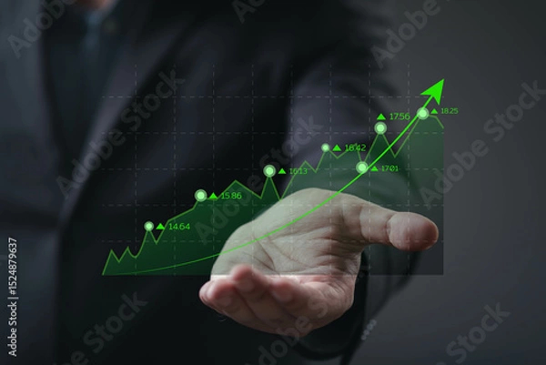 Fototapeta A business professional presents a hand with a rising graph, symbolizing growth and success in financial markets.