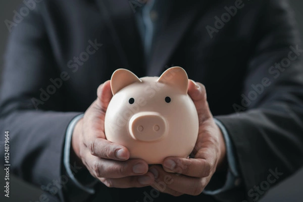 Fototapeta A person in a suit holds a piggy bank, symbolizing savings, finance, and financial planning.