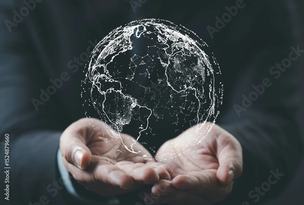 Fototapeta A person's hands hold a digital globe, symbolizing global connectivity and technology in a modern, professional setting.
