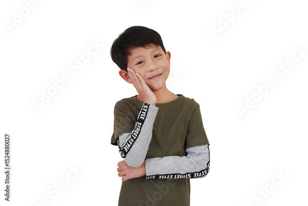 Obraz Portrait of smiling Asian boy kid age 7-8 years old touching his cheek posture isolated on white background.