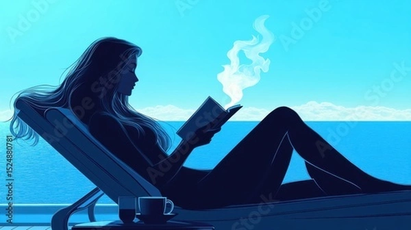 Fototapeta A long-haired woman is lying on a comfortable chaise lounge on the deck of a cruise ship, reading a book intently. A steaming cup of coffee sits on a small coffee table next to her.  
