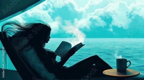 Fototapeta A long-haired woman is lying on a comfortable chaise lounge on the deck of a cruise ship, reading a book intently. A steaming cup of coffee sits on a small coffee table next to her.