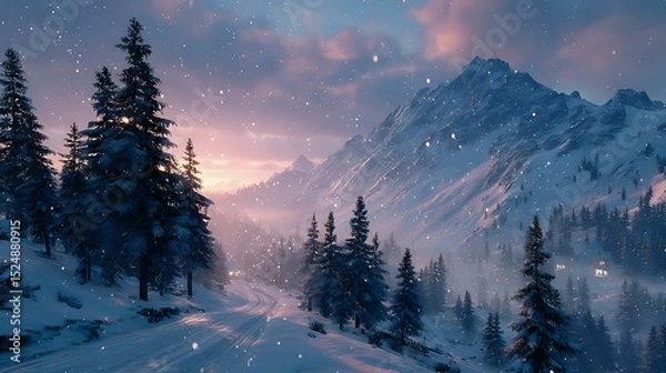 Obraz Gentle snowfall in alpine forest with soft flakes falling and atmospheric lighting during dusk