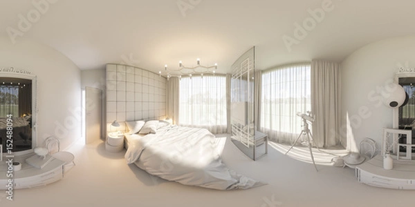 Obraz 3d illustration spherical 360 degrees, seamless panorama of bedroom interior design. The bedroom is made without textures and materials. Interior in Scandinavian style
