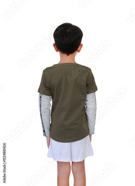 Obraz Back view of Asian boy age 7-8 years old isolated on white background.