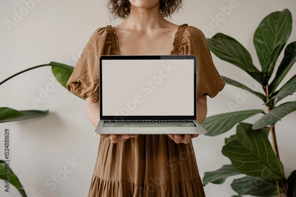 Fototapeta Woman in Earthy-Toned Dress Presenting Laptop with Blank Screen, Cozy and Natural Setting