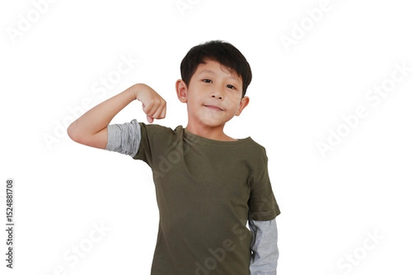 Obraz Portrait of smiling Asian boy child show muscles and biceps isolated on white background.