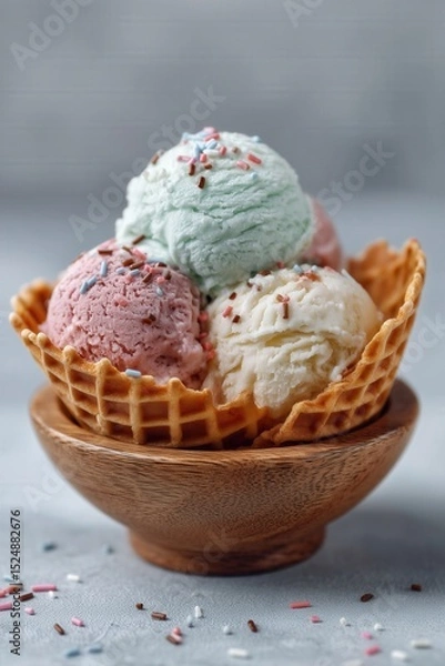 Fototapeta Colorful ice cream scoops in waffle bowl topped with sprinkles on wooden base