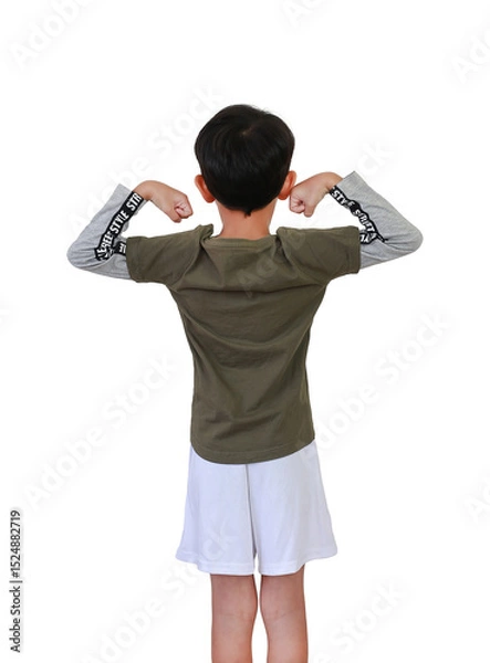 Obraz Back view of Asian boy child show strong posture isolated on white background.
