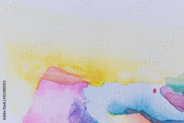 Fototapeta Macro close-up of an abstract colorful watercolor gradient fill background with watercolour stains. High resolution full frame textured paper background with copy space.