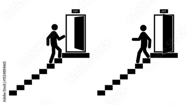 Obraz Set of stick figures, movement along the emergency exit stairs, flat vector illustration.