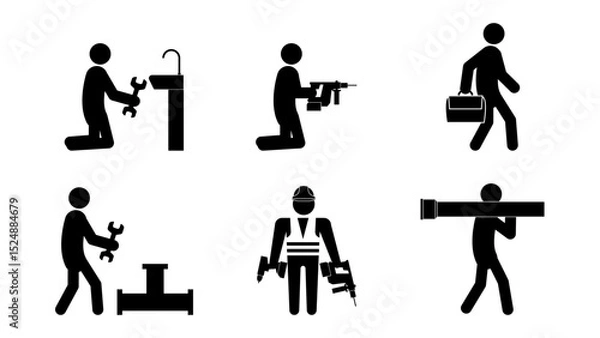 Obraz Set of stick figures, plumbing and repair, flat vector illustration.