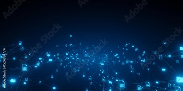 Obraz Abstract digital network of data, documents, and folders with glowing lines