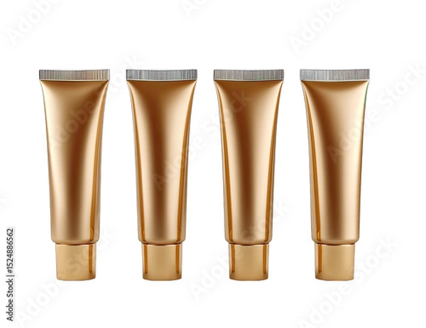 Obraz Four golden-toned, cylindrical tubes, arranged in a horizontal row.  Each tube has a smooth, metallic finish and a slightly flared top