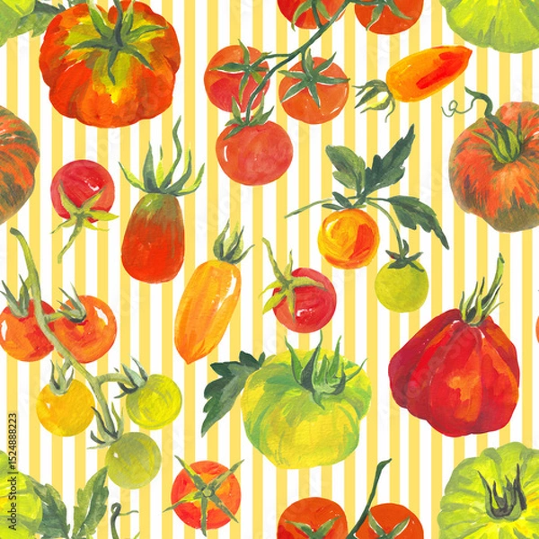 Fototapeta Trendy seamless Summer Tropical Bliss Vacation Seamless pattern with tomatoes and striped background. Acrylic style , Design for fashion , fabric, textile, and all prints