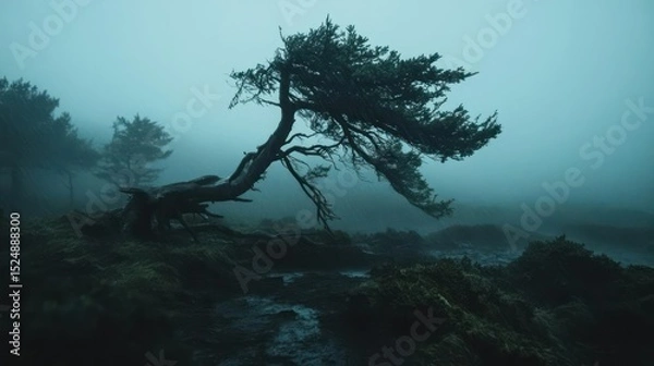 Fototapeta Windswept Tree on a Misty Moor