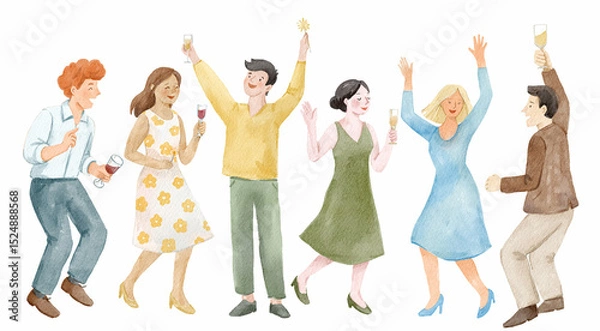 Fototapeta Watercolor hand drawn illustration of happy people dancing and celebrating with drinks. Perfect for party, holiday, or festive themes.