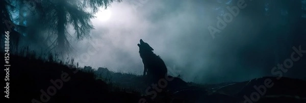 Fototapeta Wolf Howling at the Moon in a Misty Forest