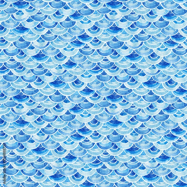 Fototapeta Abstract wallpaper with scales. Blue half-circular pattern. Watercolor hand drawn Background and wallpaper red design style.