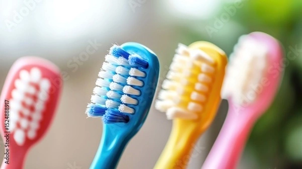 Fototapeta Four colorful toothbrushes with different bristle patterns, against a blurred green background.