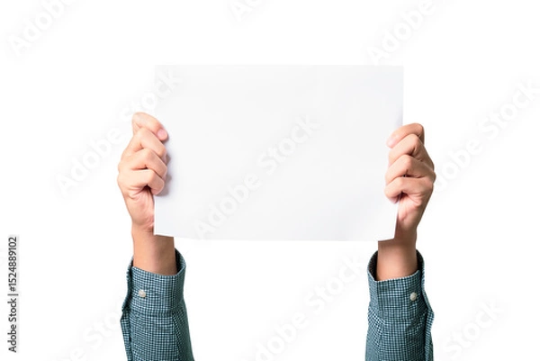 Fototapeta Isolated of businessman holding a white A4 sheet paper on white background for add any text concept.
