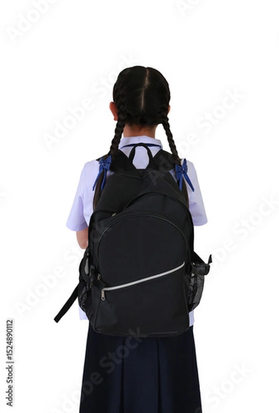 Obraz Back view of Asian student girl in school uniform with carrying backpack bag isolated on white background. Rear view schoolgirl.