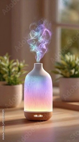 Fototapeta Scent-based therapy using natural essential oils and botanicals, A colorful diffuser emits aromatic mist in a cozy indoor setting. Designed for holistic wellness with scent-based therapy practices