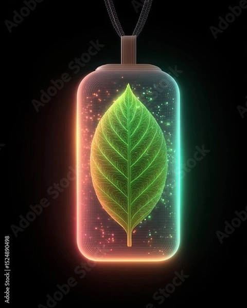 Fototapeta Scent-based therapy using natural essential oils and botanicals, A glowing leaf encased in a glass battery-inspired design. Designed for holistic wellness with scent-based therapy practices