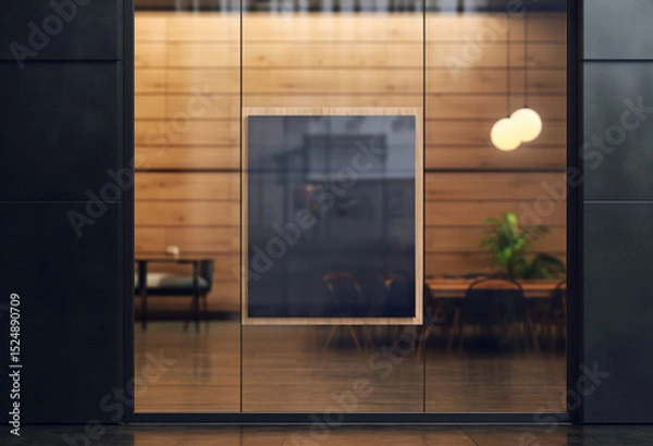 Obraz Business black signage mockup on glass facade of elegant building, blank logo space on modern palace architecture