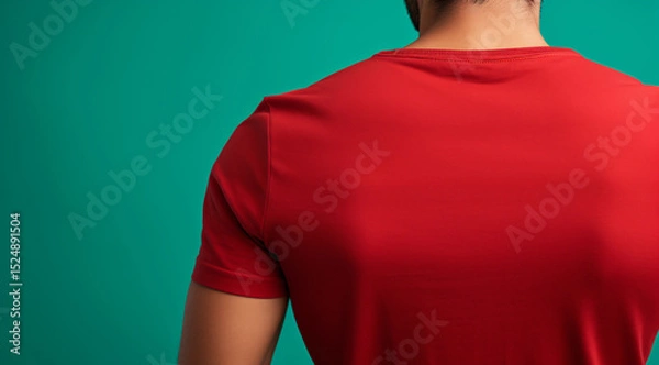 Obraz Close-up of man wearing plain red t-shirt against vibrant green background, back view, mockup