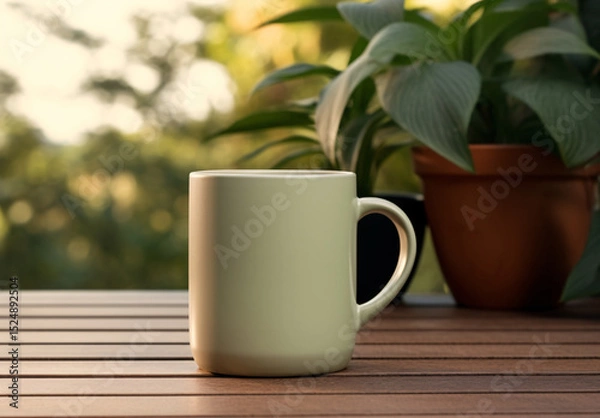 Obraz Green Cup Mockup Template on a Wooden Table
