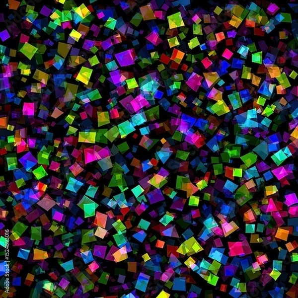 Fototapeta Vibrant, multicolored, translucent cubes scattered on a black background.  A dynamic and energetic abstract design