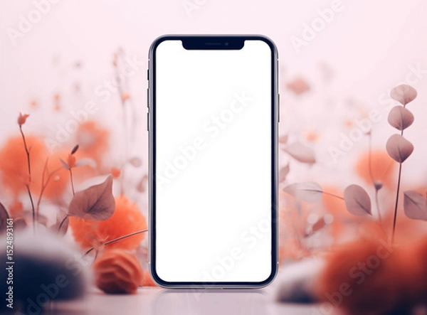 Obraz Modern smartphone with blank white screen on floral background