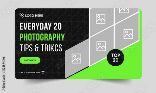 Fototapeta Trendy daily  photography tips and tricks video thumbnail banner design, daily photography learning tips and techniques video cover banner design, editable vector eps 10 file format