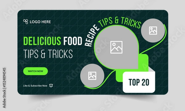 Fototapeta Food recipe daily tips and tricks video cover banner design, delicious food recipe tips and tricks video cover banner design, editable vector eps 10 file format	