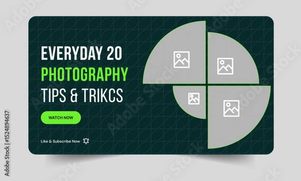 Fototapeta Trendy daily  photography tips and tricks video thumbnail banner design, daily photography learning tips and techniques video cover banner design, editable vector eps 10 file format