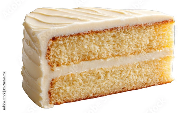 Obraz A slice of vanilla cake, frosted with a creamy white icing