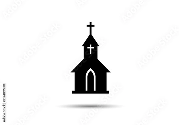 Obraz Silhouette of a church building with a cross on top against a plain white background with a shadow