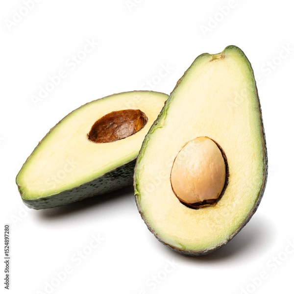 Fototapeta Healthy food and ingredients - Half of ripe organic green avocado fruit with pit isolated on white background with built-in clipping path
